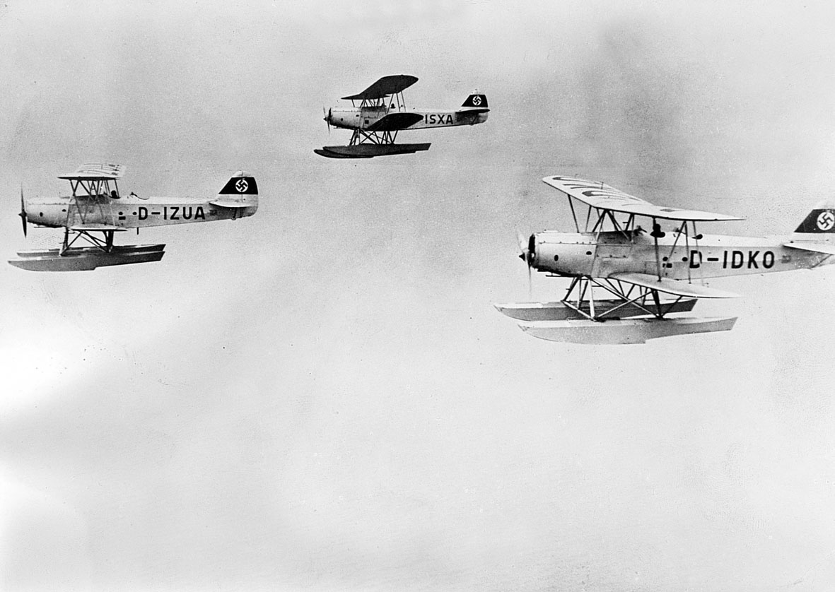 Heinkel He 42 floatplanes fly over the Fatherland, part of Hitler’s new Luftwaffe and a breach of the Treaty of Versailles.