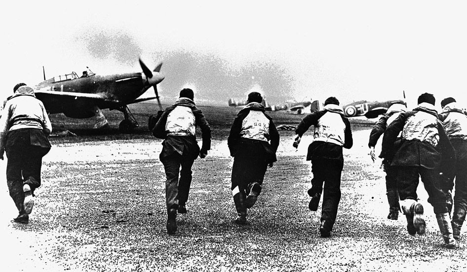 British pilots rush to their Hurricanes during the Battle of Britain