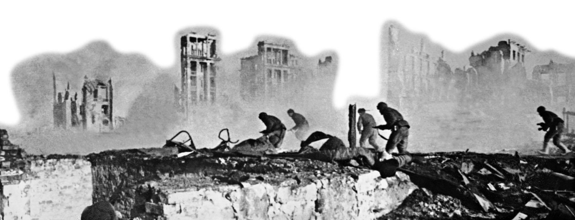 Soviet troops battle their way forward in the ruins of Stalingrad as the Red Army tightens its grip on the city