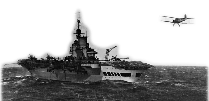 A Swordfish torpedo-bomber returns to HMS Victorious, which took part in an attack on the German battleship Tirpitz